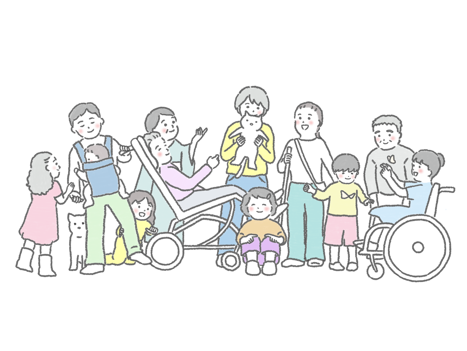 ペットや車いすの方も含め、多世代が笑顔で集まるイラスト